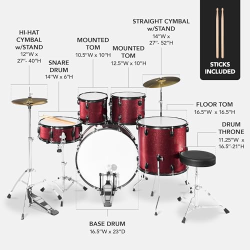Best Choice Products 5-Piece Full Size Complete Adult Drum Set w/Cymbal Stands, Stool, Drum Pedal, Sticks, Floor Tom - Dark Blue Sparkle