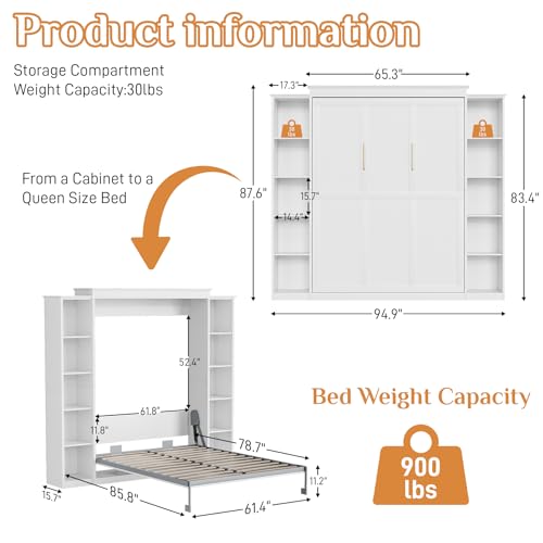 Queen Murphy Bed with Storage Bookcase & 4 Adjustable Shelves, Foldable Space-Saving Queen Wood Wall Bedframe with Metal Legs, Hidden Bedframe for Guest Room, Study, Home Office, Bedroom, Gray