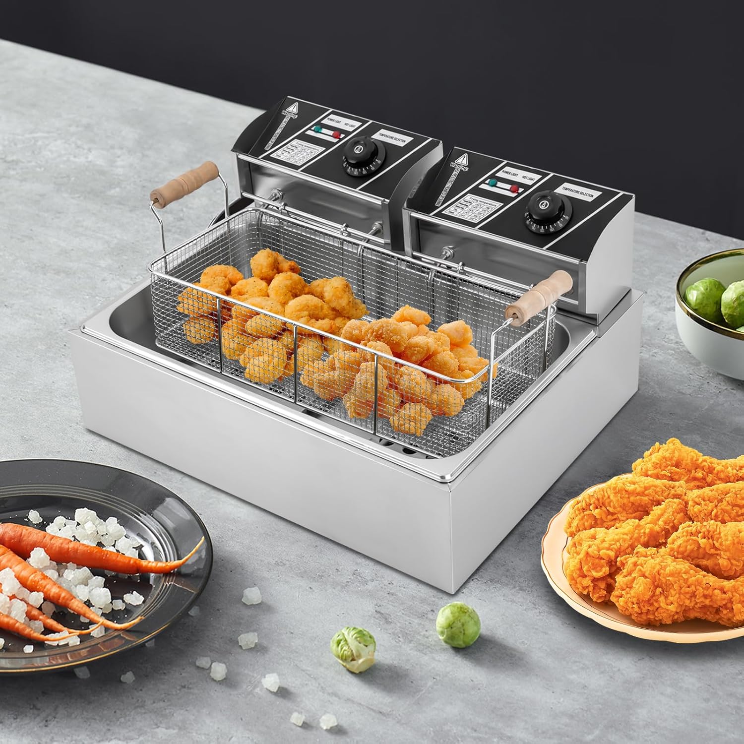 3400W Commercial Deep Fryer,Electric Deep Fryers with Baskets,12L Large-Capacity Frying Machine,0.8mm Thickened Stainless Steel Countertop Oil Fryer,Temperature Control 140-392℉(With Food Clip)