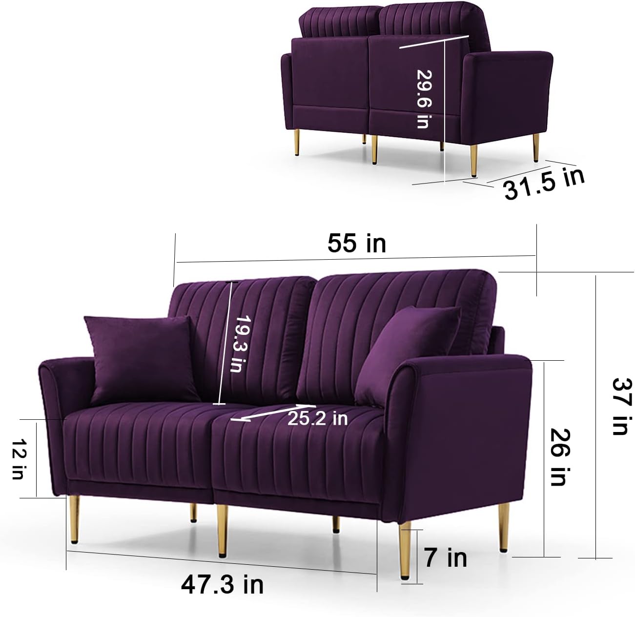 Ghislaine 3-Piece Sectional Sofa Set, Modern Velvet Upholstered Sofa Couch with Sturdy Metel Legs for Living Room, Apartment, 3-Seater Sofa + 2 Piece Loveseat Sofa, Purple