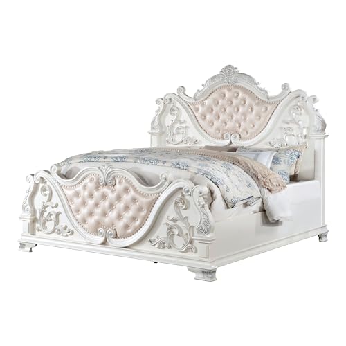 Furniture of America Clairibel Wood 5-Piece Bedroom Set, King-Size Bed with Button-Tufted Headboard, Marble Top Nightstand and Dresser & Dovetail Drawers, Box Spring Required, Pearl White