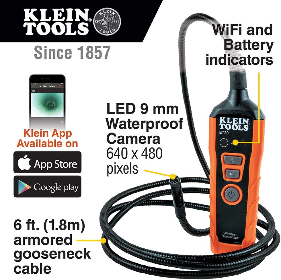 Klein Tools ET20 WIfi Borescope Inspection Camera with Rechargeable Lithium-Ion Battery and On-Board LED Lights