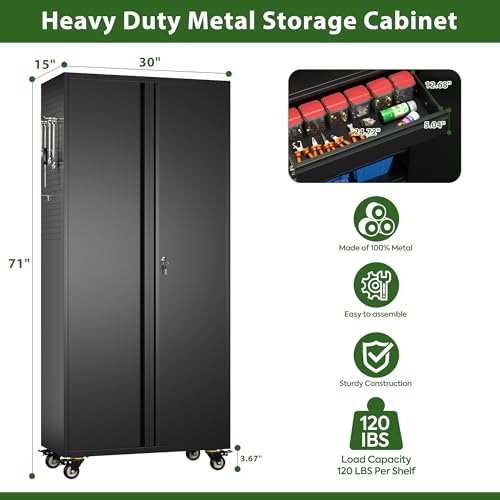 73" H Metal Storage Cabinet with Wheels, Garage Storage Cabinet with 4 Adjustable Shelves and Lockable Doors for Garage Home Office Utility Room,Required Assembly,Black