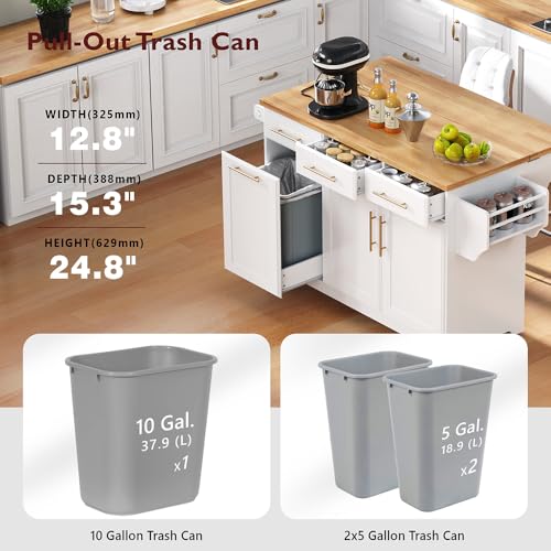 59.3" Rolling Kitchen Island on Wheels with Trash Can Storage Cabinet, Island Table for Kitchen with Power Outlet, Kitchen Cart with Drop Leaf and Internal Storage Rack (Black)