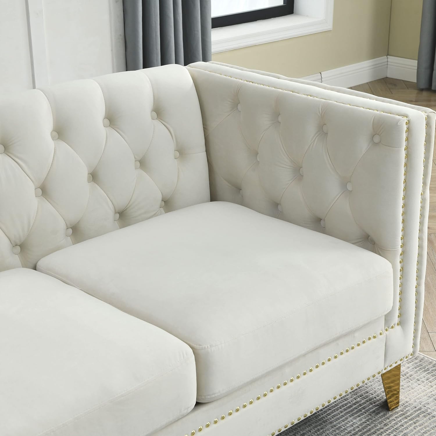Bellemave L-Shaped Chesterfield Couch with Metal Legs and Nail Heads, Velvet Corner Sofa 5-Seater Sofas with 3 Cushions for Living Room, Bedroom, Apartment, Office(Beige)