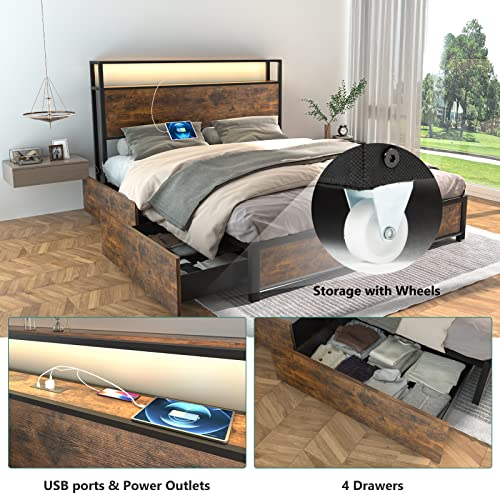 Gitua Full Size Bed Frame with Storage Drawers - Led Lights and Charging Station Metal Bed Frame with Headboard, No Box Spring Platform Bed Frame Wood, Rustic Brown