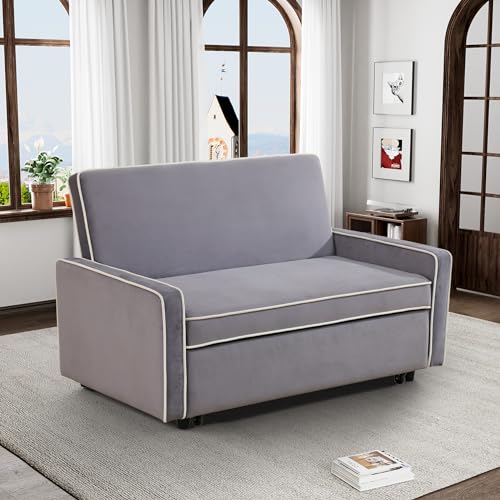 3 in 1 Convertible Sleeper Sofa Couch with Pullout Bed, Modern Flannel Pull Out Love seat Sofa, 2 Seater Futon Loveseat Couch Bed for RV, Living Room, Bedroom and Small Space (Grey)