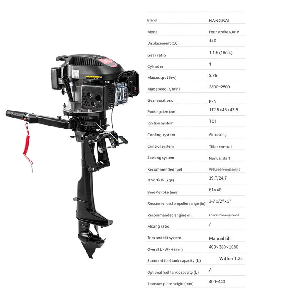 ZhdnBhnos 4 Stroke 6HP Heavy Duty Outboard Motor Fishing Boat Petrol Engine W/ Air Cooling System CDI 2500RPM Single Cylinder Hand Pull
