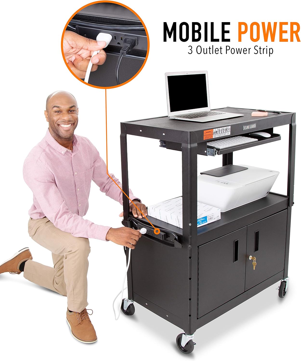 Line Leader Large AV Cart with Locking Cabinet | Height Adjustable Utility Cart | Includes Pullout Keyboard Tray & Cord Management | Easy Assembly (32in x 18in x 42in / Black)