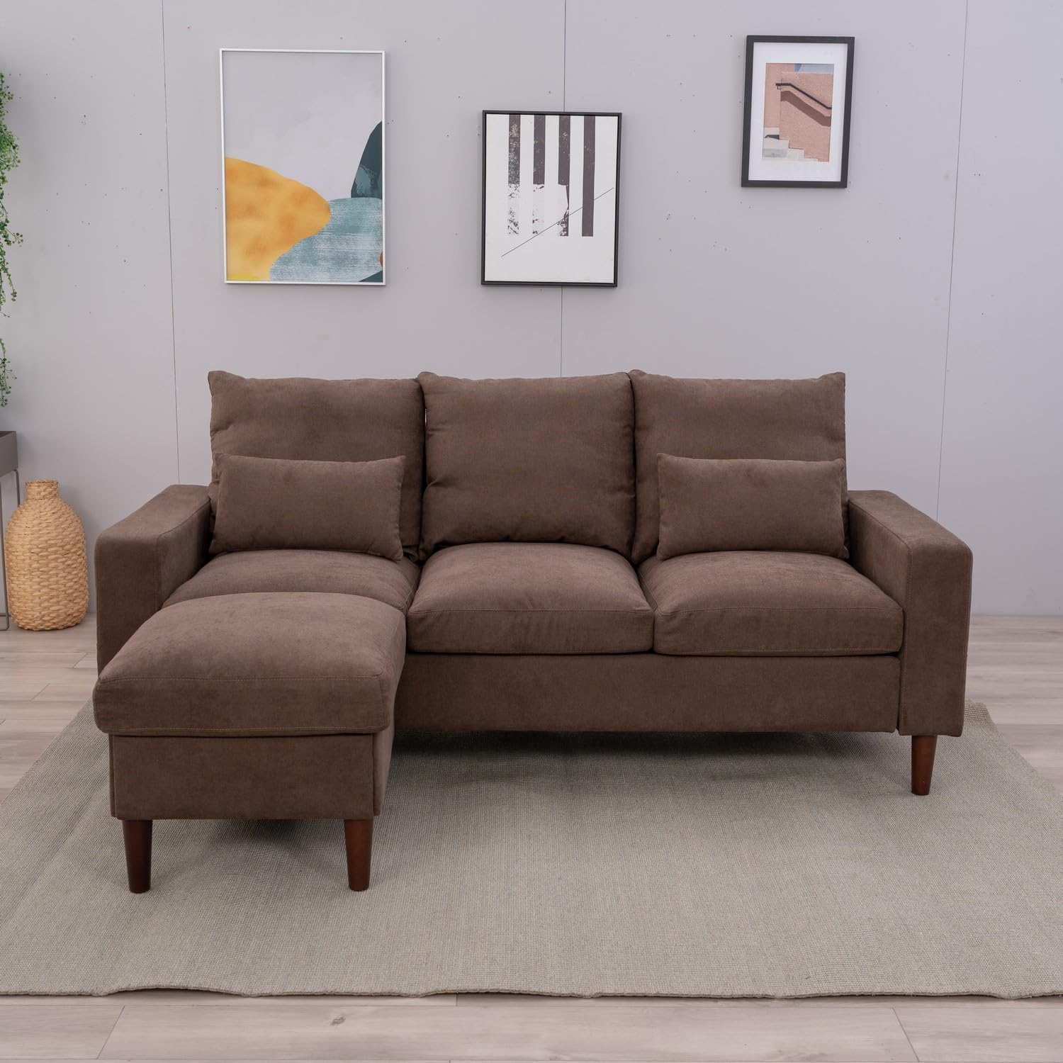 Panana Convertible Sectional Sofa Couch Modern L-Shaped Couch 3 Seat Fabric Sofa for Small Space (Brown)