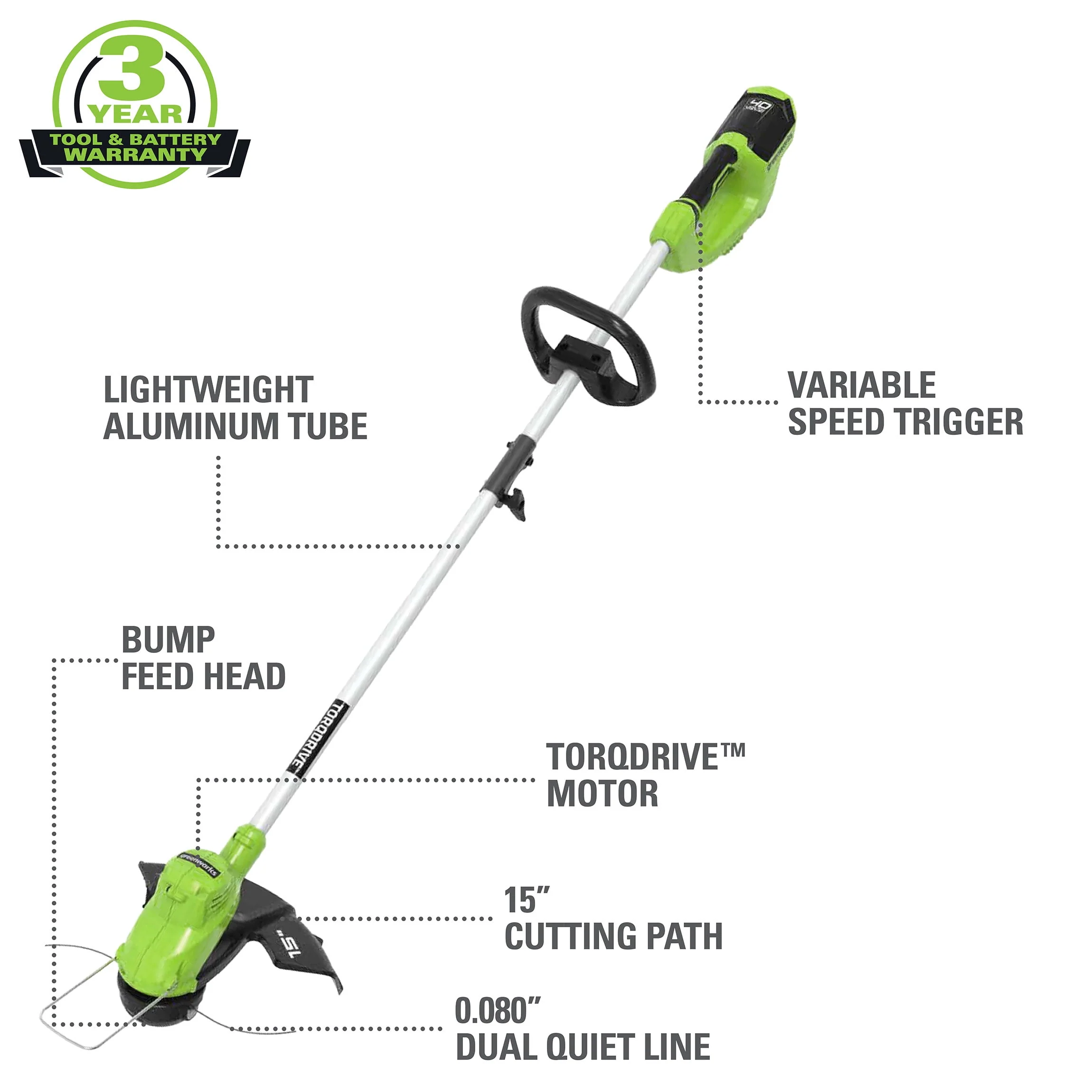 Greenworks 40V 15 Straight Shaft String Trimmer with 2.5 Ah Battery and Charger, 2111802