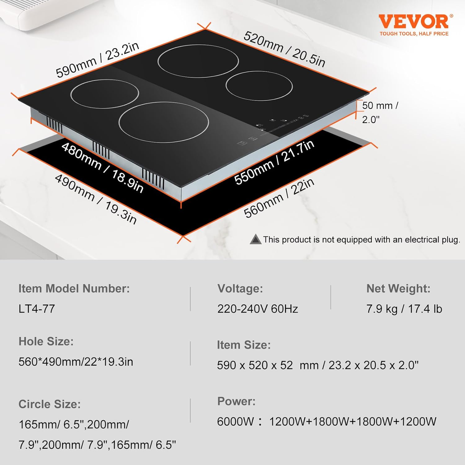 VEVOR Built in Electric Stove Top, 24 inch 4 Burners, 240V Glass Radiant Cooktop with Sensor Touch Control, Timer & Child Lock Included, 9 Power Levels for Simmer Steam Slow Cook Fry