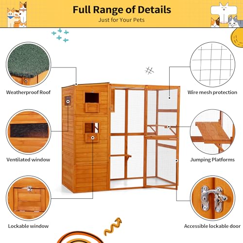 COZIWOW Large Wood Cat Catio, Outdoor Enclosure with Weatherproof Roof, 2 Resting Rooms, 2 Platforms, 4-Tier Cat Playpen, Orange