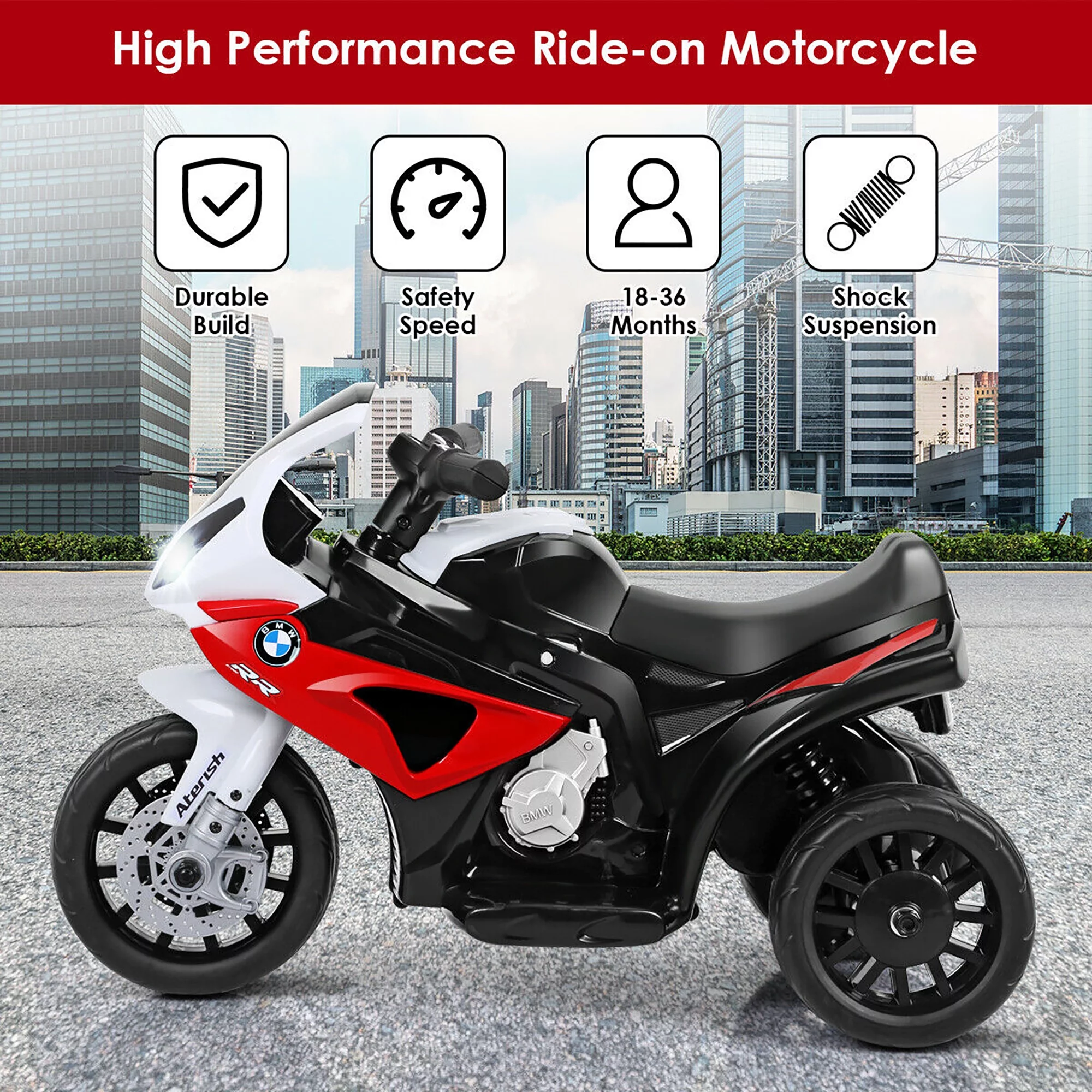 Costway Kids Ride On Motorcycle BMW Licensed 6V Electric 3 Wheels Bicycle with Music & Light (Suitable for 18-36 Months Age)