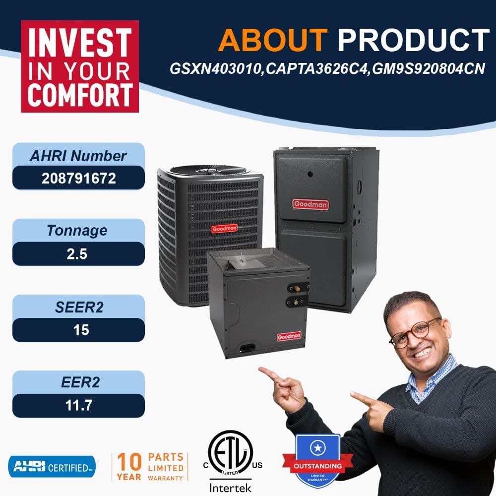 Goodman 2.5 Ton 15.0 SEER2 Single Stage Air Conditioner GSXN403010 and 80,000 BTU 92% AFUE Multi-Speed Gas Furnace GM9S920804CN Upflow System with CAPTA3626C4