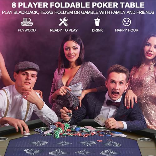 8 Players Poker Table Foldable,50inch Upgraded Folding Octagon Casion Table, Portable Texas Holedem Table w/Stainless Steel Cup Holders, Water-Resistant Cushioned Rail (Brown)