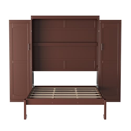 KLMM Wooden Murphy Bed Wall Bed with 2 Wardrobe and Storage Shelf,Foldable Platform Bedframe for Guest-Room Bedroom Study Office Use (White#E, Full)