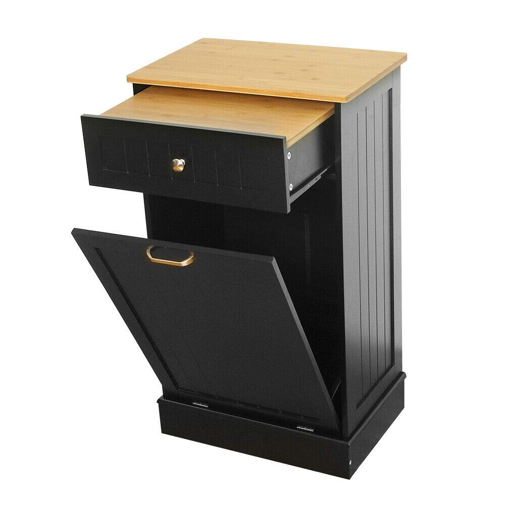ONG Tilt-Out Trash Bin Can Cabinet, Solid Wood & Removable Bamboo Cutting Board， Hideaway Trash Holder   for Trash Disposal , Recycle (White)