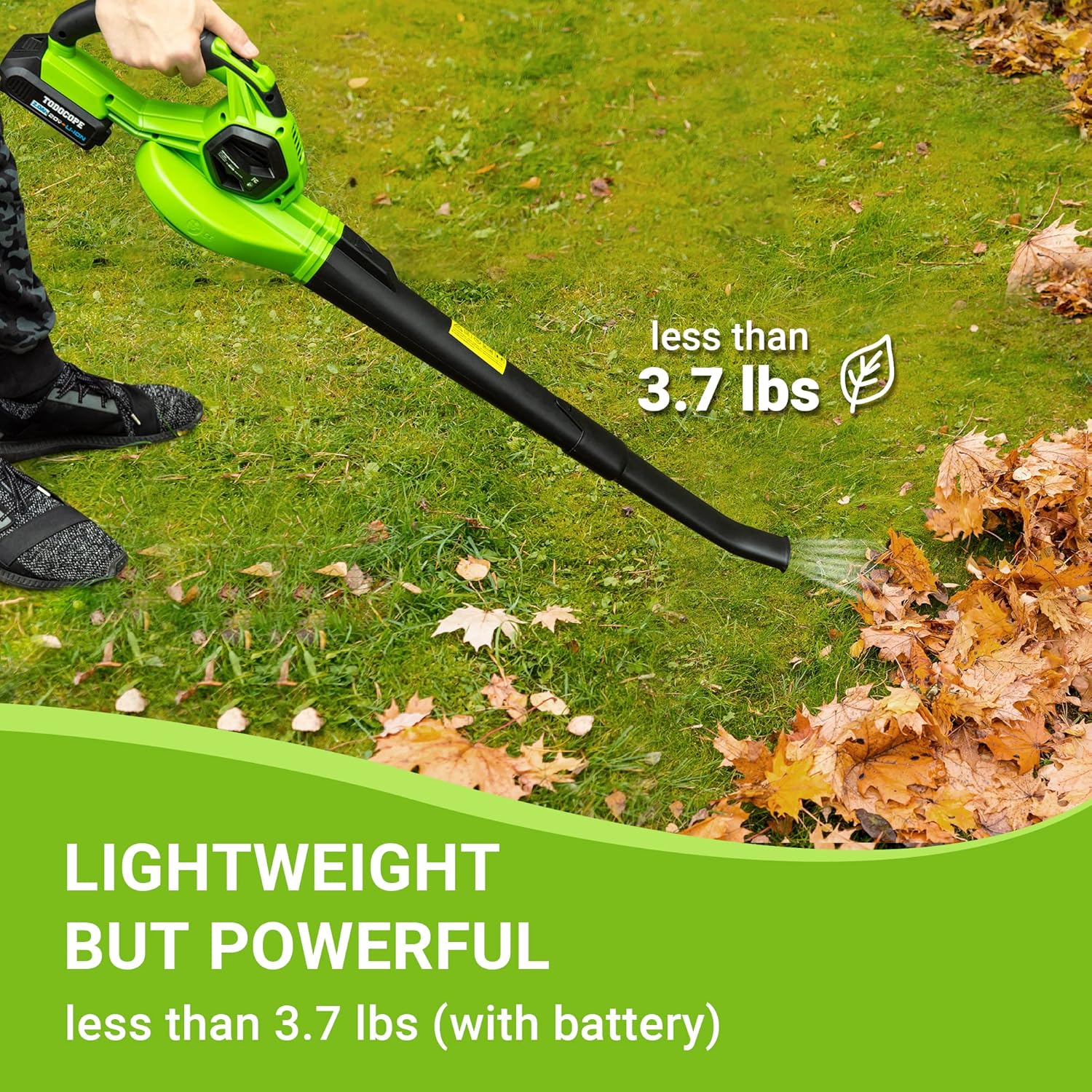 TODOCOPE 20V Cordless Leaf Blower with Battery and Charger, Electric Leaf Blower Vacuum, Battery Leaf Blower Cordless for Lawn, Variable Speed, Lightweight, Quick Charge, Green, (TDC-CB20) Pack of 2