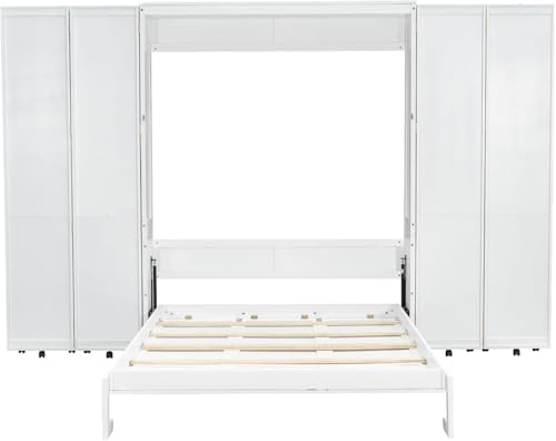 MERITLINE Foldable Hidden Queen Murphy Bed Cabinet with Storage Bookshelf Bookcase, Wood White Murphy Wall Bed with Storage Shelves for Adults (Espresso)