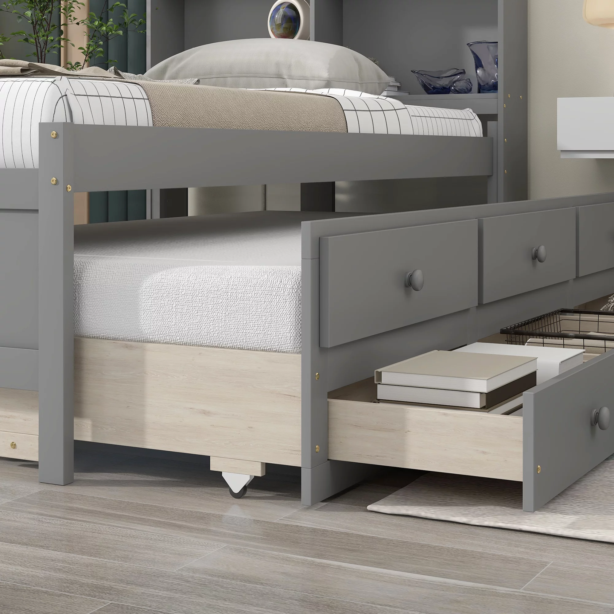 Twin Bed Frame with Bookcase Headboard,Wooden Twin Size Platform Bed with Trundle and 3 Storage Drawers,Twin Storage Bed for Kids Girls Boys,No Box Spring Needed,Grey