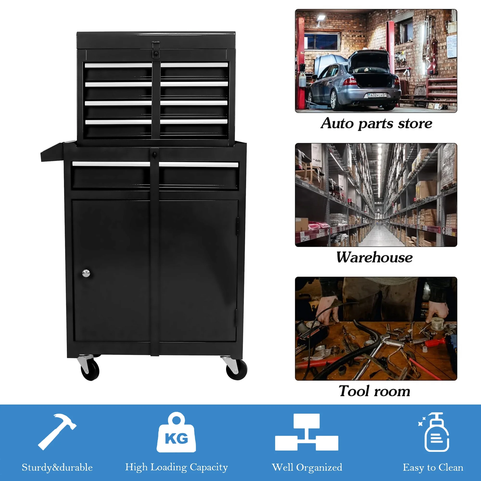 Aukfa Tool Chest, 2 in 1 Steel Rolling Tool Box & Cabinet On Wheels for Garage, 8-Drawer, Blue