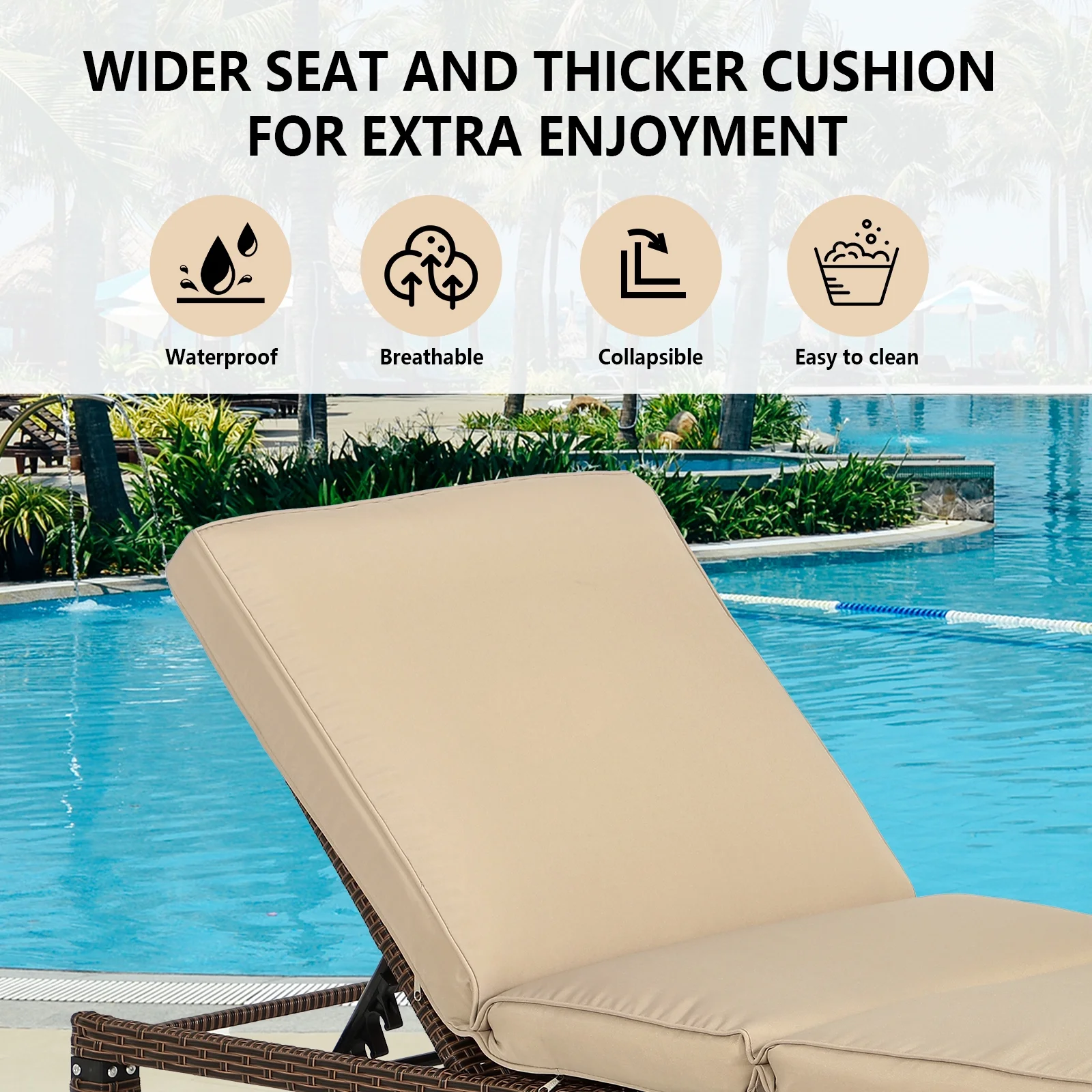 Magic Union Outdoor Rattan Wicker Chaise Lounge Chair with Adjustable Backrest & Cushion, Set of 2-Khaki