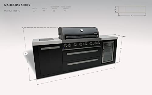 Mont Alpi Stainless Steel Island Outdoor Kitchen Gas Barbecue Grill w/Wine Cooler Compact Refrigerator Beverage Center + Granite Countertops & Sides