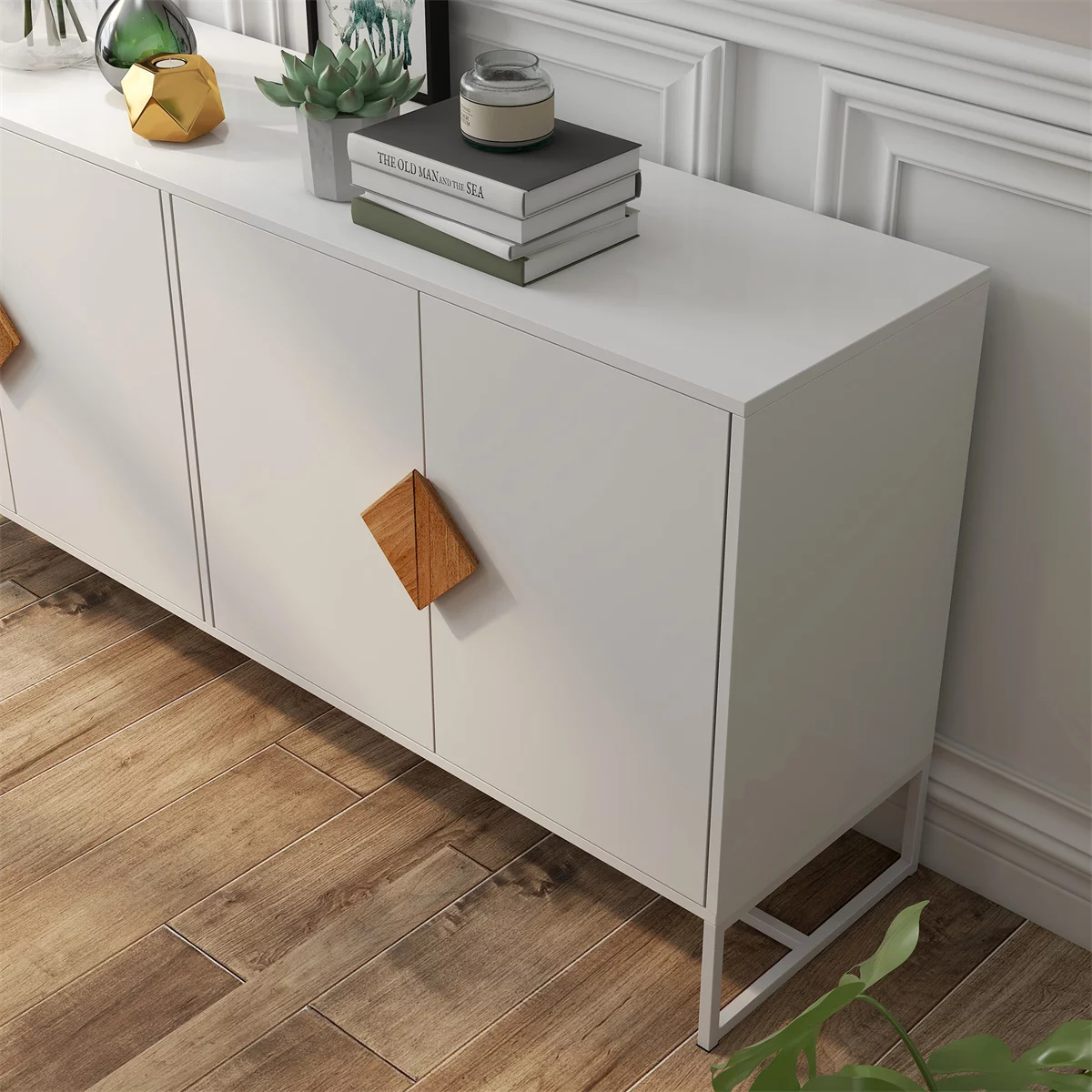 Astarth Storage Sideboard Cabinet White Modern 4 Doors Kitchen Buffet Cabinet Television Tables Entryway Cupboard Furniture with Solid Wood Square Handles and Metal Legs