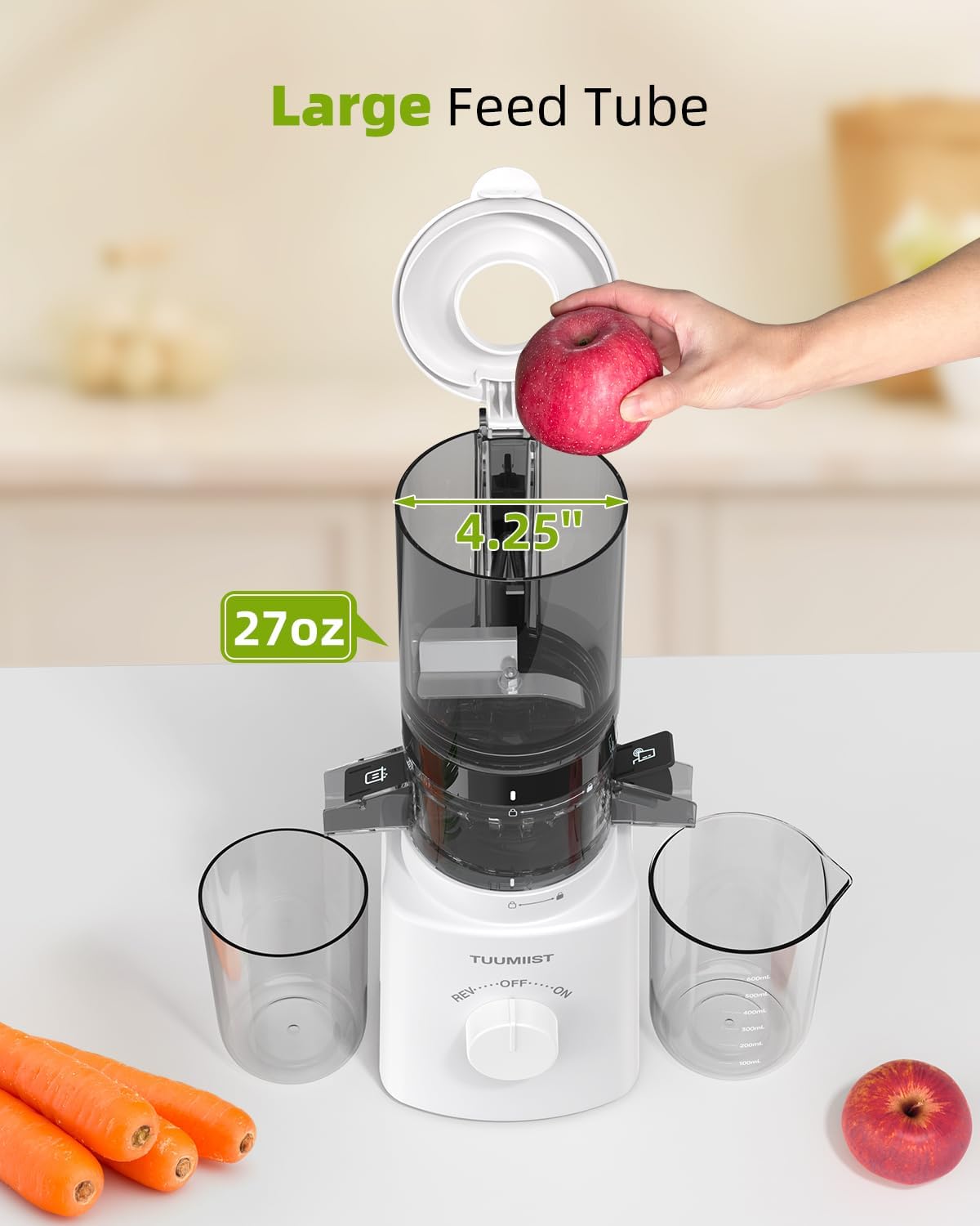 Juicer Machines, TUUMIIST Cold Press Juicer with 4.25'' Large Feed Chute Fit Whole Vegetable And Fruit, Masticating Juicer Easy To Clean, BPA Free(White)