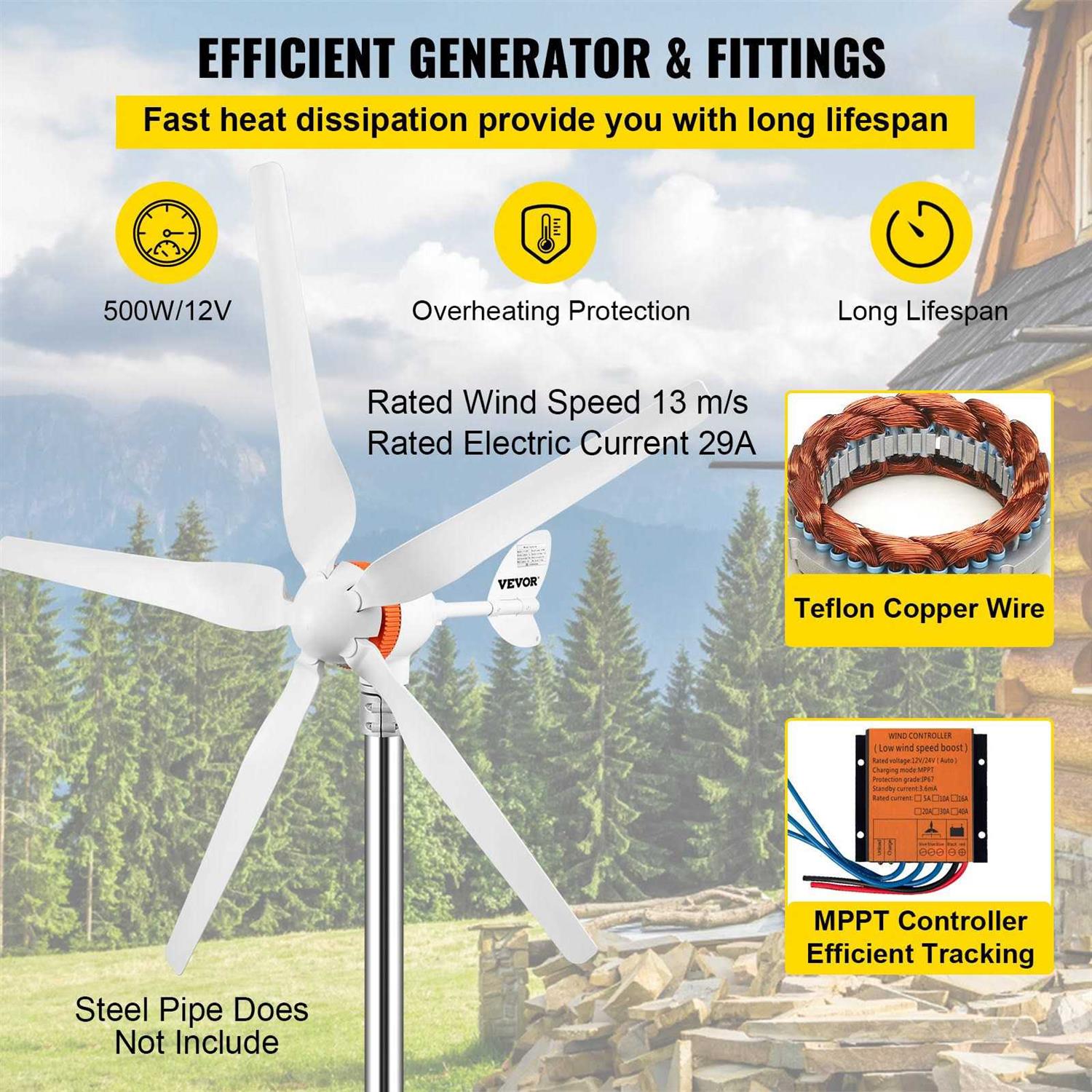 VEVOR Wind Turbine Generator 500-Watt 5 Blades Auto Adjust Windward Direction Wind Power Generator with Mppt Controller