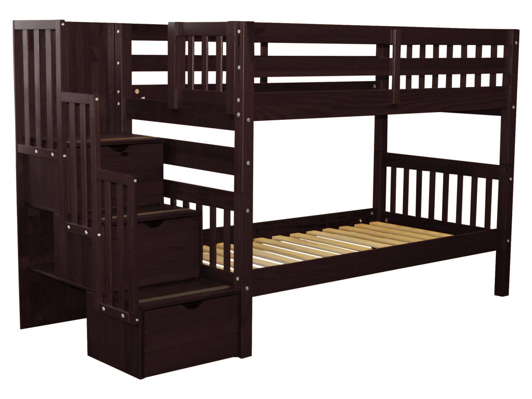Bedz King Stairway Bunk Beds Twin over Twin with 3 Drawers in the Steps, Dark Cherry
