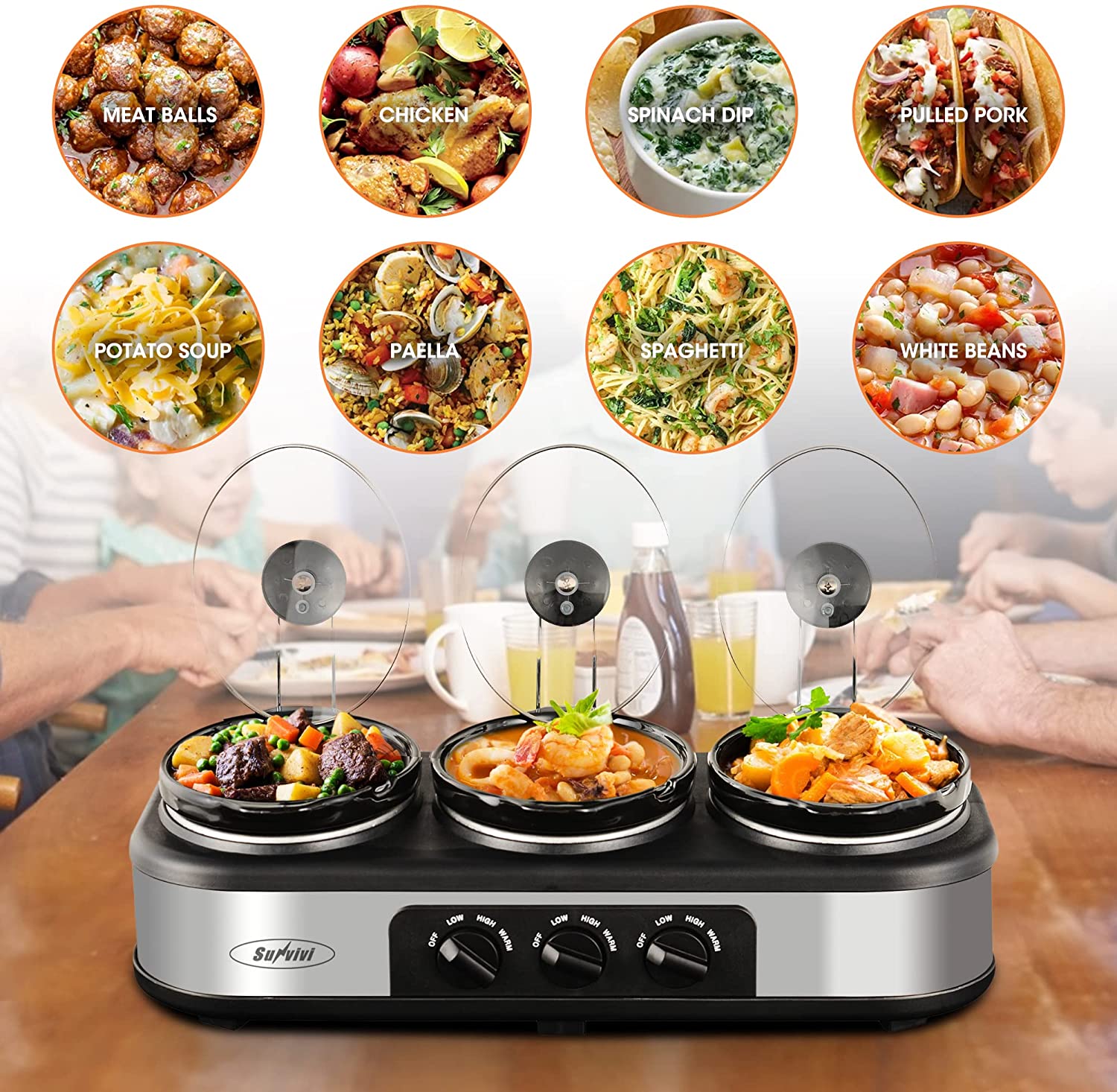 Slow Cooker, Dual and Triple Slow Cooker Buffet Server Multiple Pot Food Warmer, Slow Cooker Buffet Food Warmer Adjustable Temp Lid Rests Stainless Steel