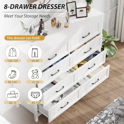 Elegant Farmhouse 8 Drawer Dresser for Bedroom - Large Wooden Double Dressers with Deep Drawers Dressers for Hallway, or Entryway - White & Brown