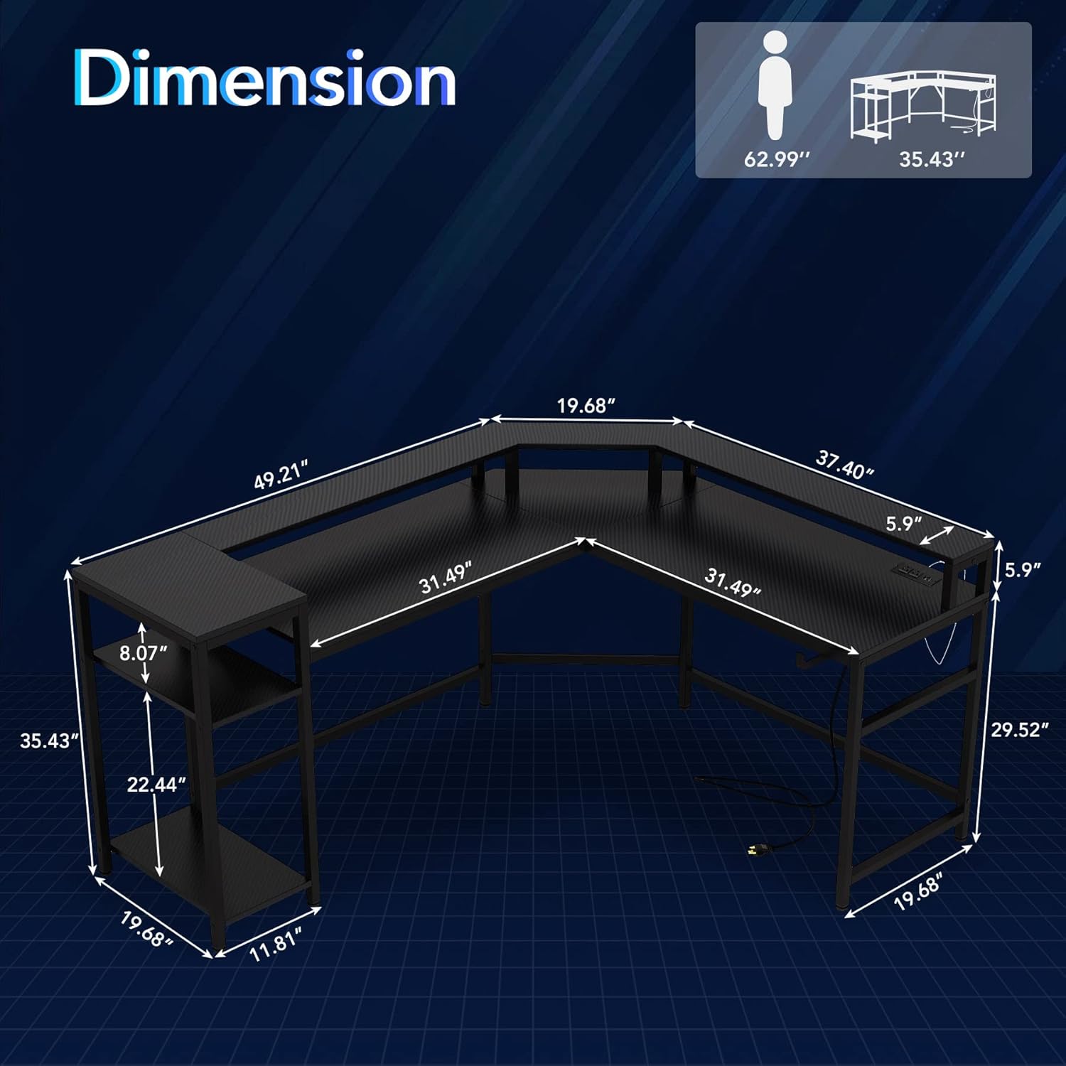 L Shaped Gaming Desk: Computer Desk with Power Outlet & LED Stripe, Modern Coner L Desk with Storage Shelves for Home Office - Black