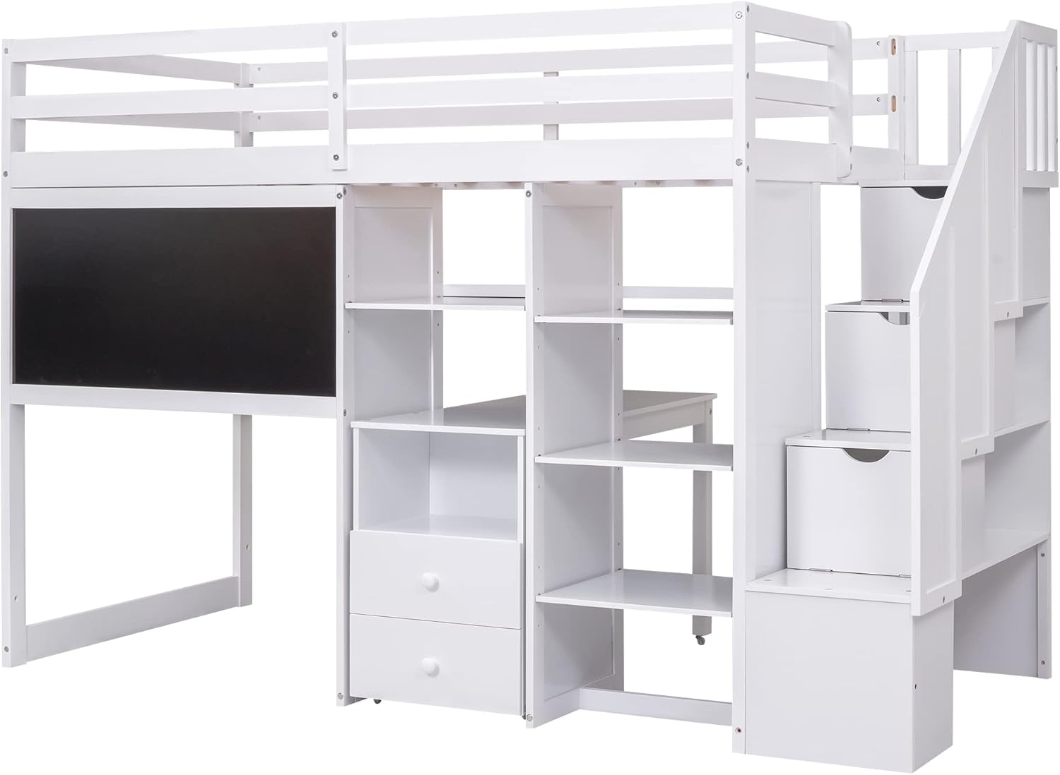 Harper & Bright Designs Twin Size Loft Bed with Stairs and Desk, Solid Wood Loft Bed with Storage Shelves and Blackboard, for Bedroom Dorm Boys Girls Adults (Twin, White)