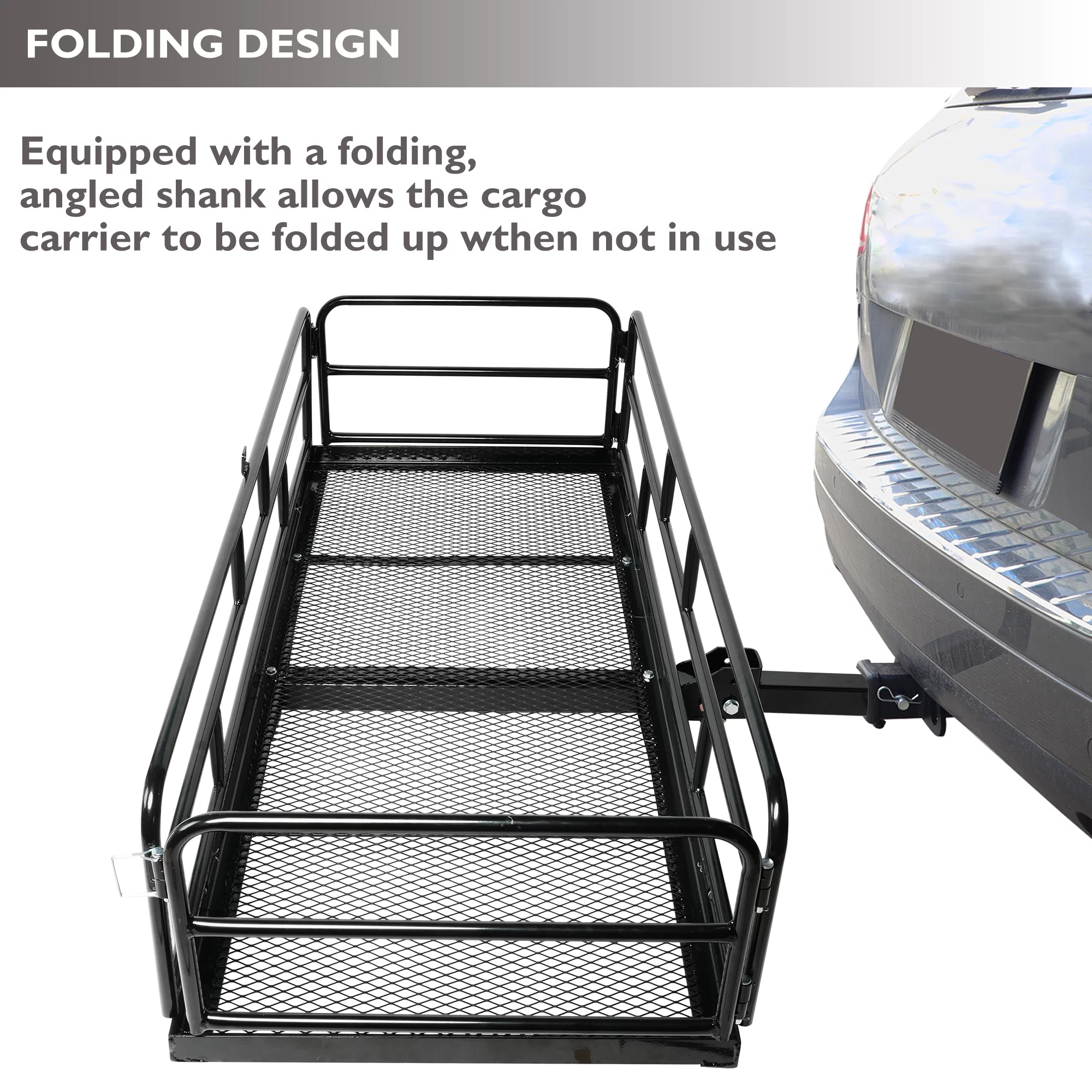 60" X 24" X 14" Folding Hitch Mount Cargo Carrier, 500lb Heavy Duty Capacity Rear Cargo Luggage Rack Basket, Foldable Hitch Mount Cargo Trailer Fits 2" Receiver for Car SUV Camping Traveling