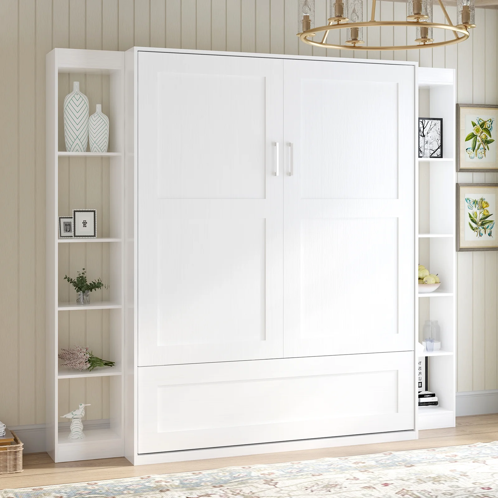 MUZZ Foldable Murphy Bed with 2 Side Cabinets, Folding Wall Bed with Space Saving Design, Fold up Murphy Bed Cabinet for Storage, Multipurpose Cabinet Bed for Bedroom/Apartment (Style6+2,White)