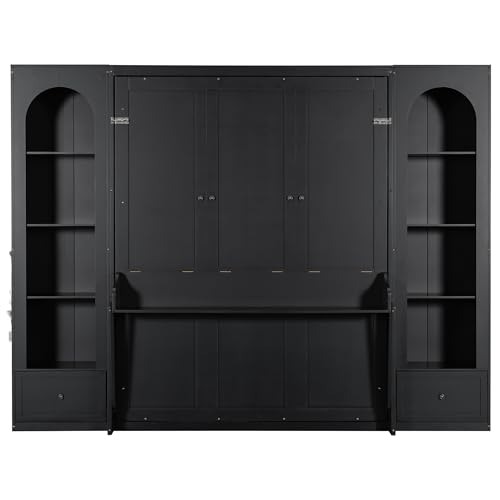 Ball & Cast Queen Size Murphy Bed with Desk,Hidden Wall Bed with 2 Sides Storage Cabinets,Shelf & Led,Murphy Cabinet Bed Frame for Bedroom,Guest Room,Space Saving,Black