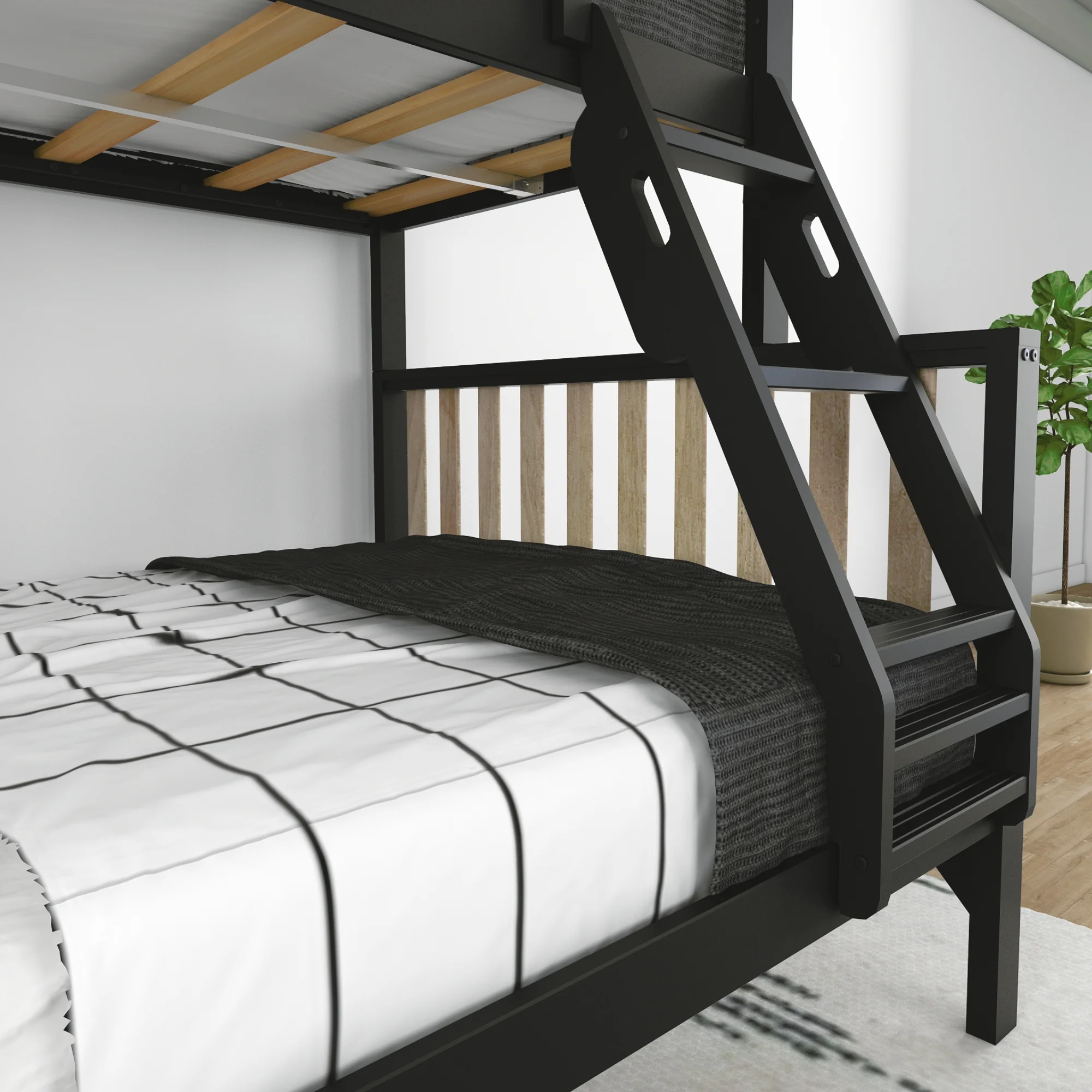Max & Lily Scandinavian Twin over Full Bunk Bed For Kids, Wooden Bunk Beds with Ladder, Black/Blonde