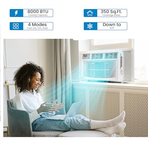 Window Air Conditioner, 8,000 BTU, Cools 350 Sq.ft, 3 Cooling & Fan Speeds, Window AC with Remote/App Control, Energy Saving, 110-115V