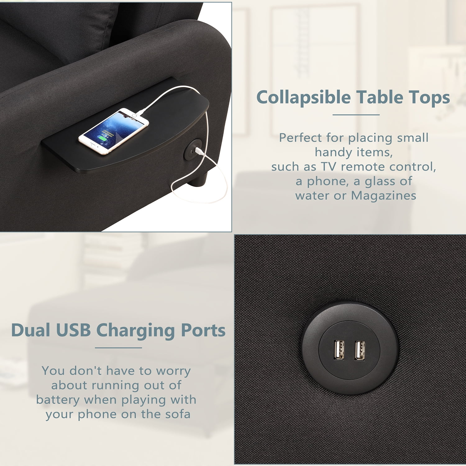Churanty Sofa Bed Chair 3 in 1 Convertible Lounger Sleeper Single Recliner for Small Space with Adjustable Backrest,2 Wing Table Side Pocket and USB Charge,Black
