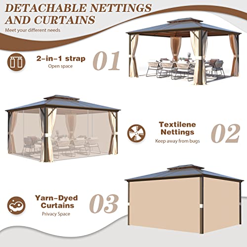 EROMMY 10' x 12' Hardtop Gazebo, Aluminum Frame Gazebos with Galvanized Steel Double Roof, Permanent Outdoor Metal Pavilion with Curtain and Netting for Patio, Lawn, Deck