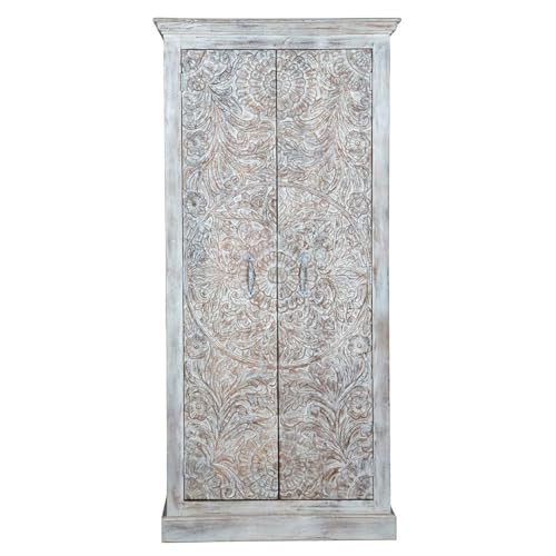 Shabby Chic White Carved Wardrobe - Solid Wood, 35.2" W x 23.4" D x 74.6" H Inches,Solid Wood Wardrobe,White Armoire