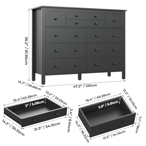 10 Drawer Large Black Dresser for Bedroom, 47.2" Long Chest of Drawers with Deep Drawers, Modern Wooden Storage Dresser for Closet, 36.2" Tall TV Stand for Living Room, Hallway, Entryway