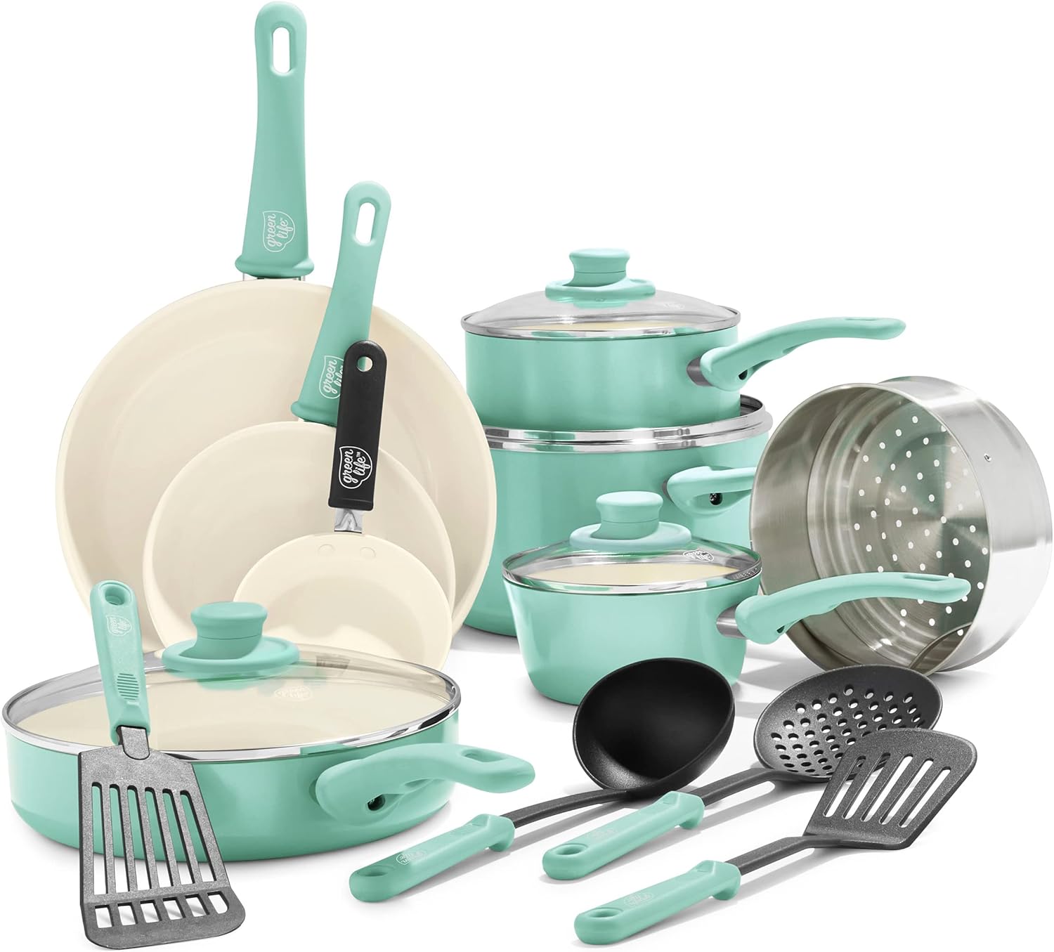 GreenLife Soft Grip Healthy Ceramic Nonstick 16 Piece Cookware Pots and Pans Set, Turquoise & Soft Grip Healthy Ceramic Nonstick, 11" Griddle Pan, Turquoise