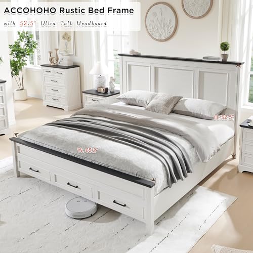 Farmhouse Full Size Bed Frame with 52" Tall Full-Panel Headboard & Footboard, Full Platform Bedframe with Storage Drawers, Wood Panel Bed Base, No Squeak, No Box Spring Needed, Light Brown