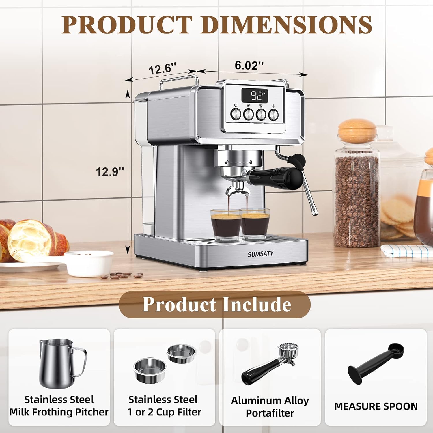 Espresso Machine, Stainless Steel Espresso Machine with Milk Frother for Latte, Cappuccino, Machiato,for Home Espresso Maker, 1.8L Water Tank, 20 Bar
