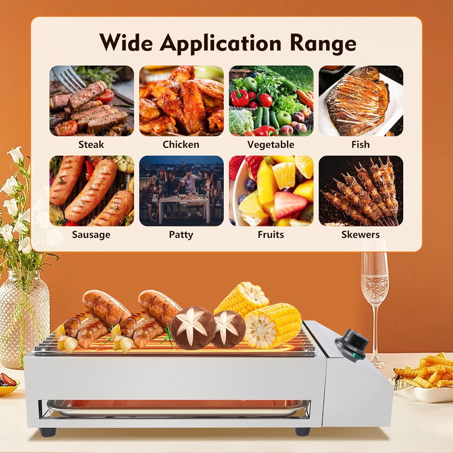 Indoor & Outdoor Electric Grill Searing Grill with Adjustable Temperature Control 572°F, 110V 1800W Electric BBQ Grill, Nonstick Cooking Surface, Dishwasher Safe Removable Grill & Grease Catcher Tray