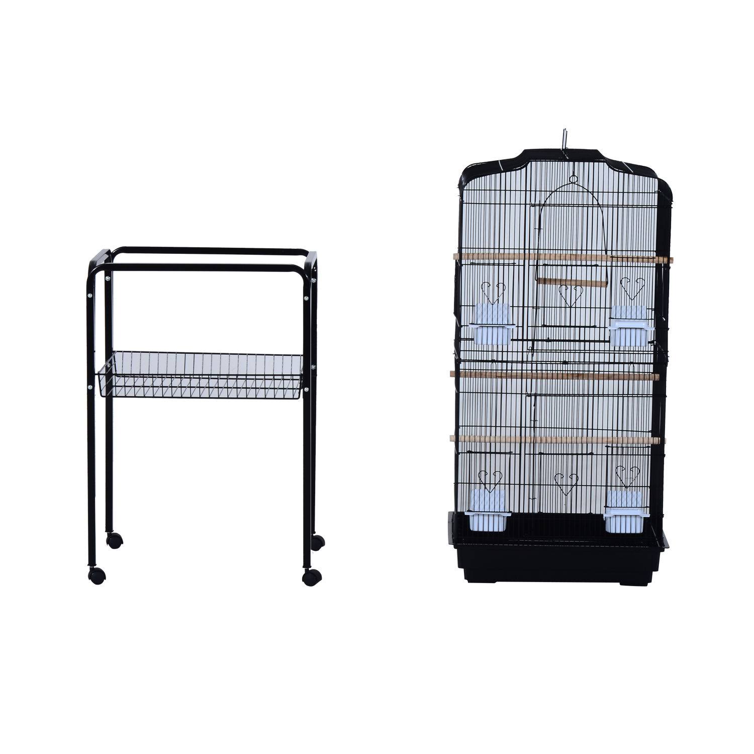 PawHut 63x22 Metal Indoor Bird Cage Starter Kit with Detachable Rolling Stand, Storage Basket, and Accessories - Black